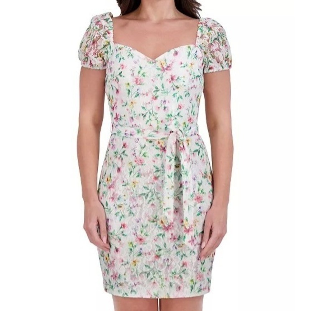 Kensie Floral Print Lace Sweetheart Short Puff Sleeve Dress Womens Size 12 NWT